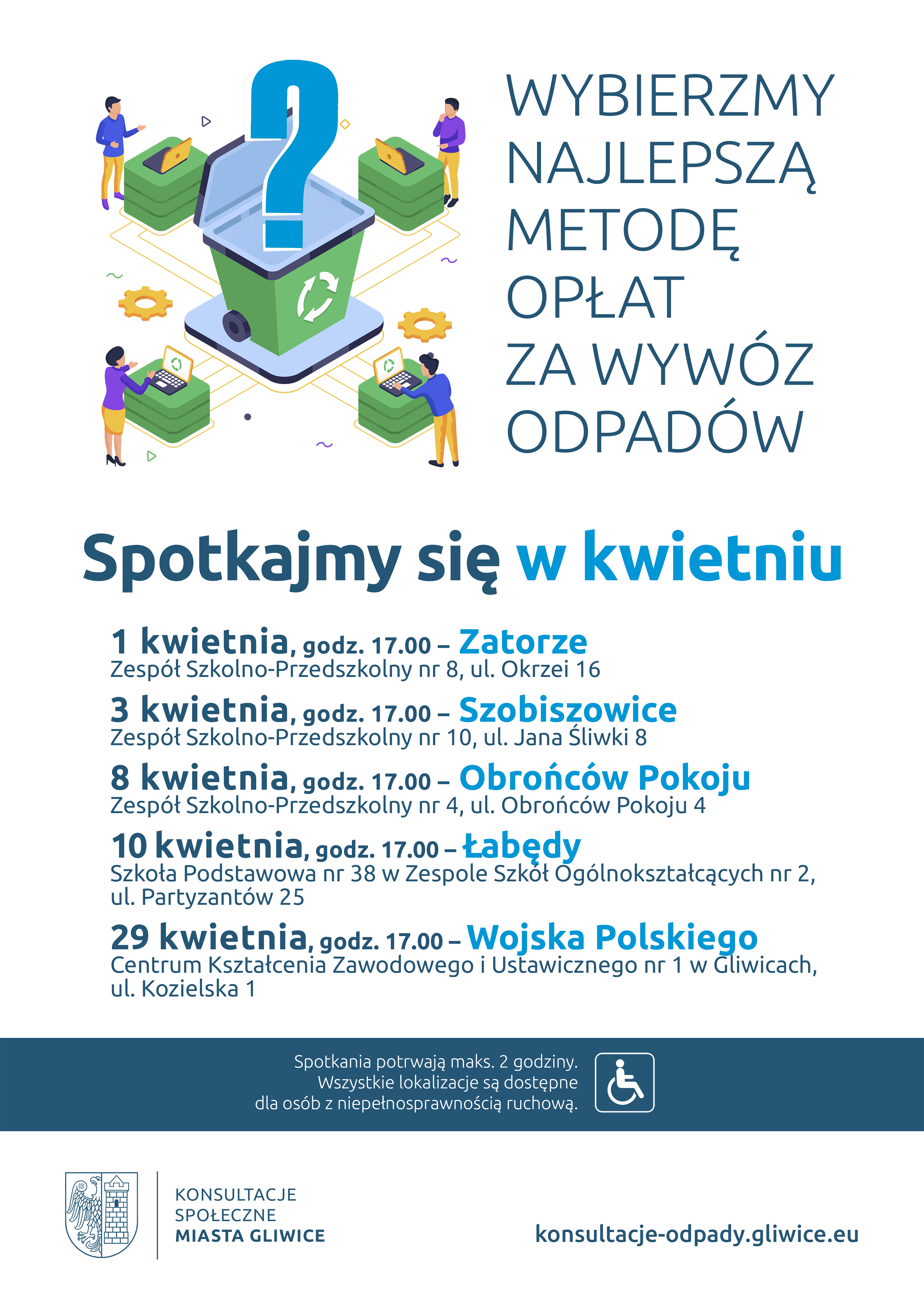 Plakat przedstawia harmonogram konsultacji społecznych dot. wyboru najlepszej metody opłat za wywóz odpadów w miesiącu kwietniu.