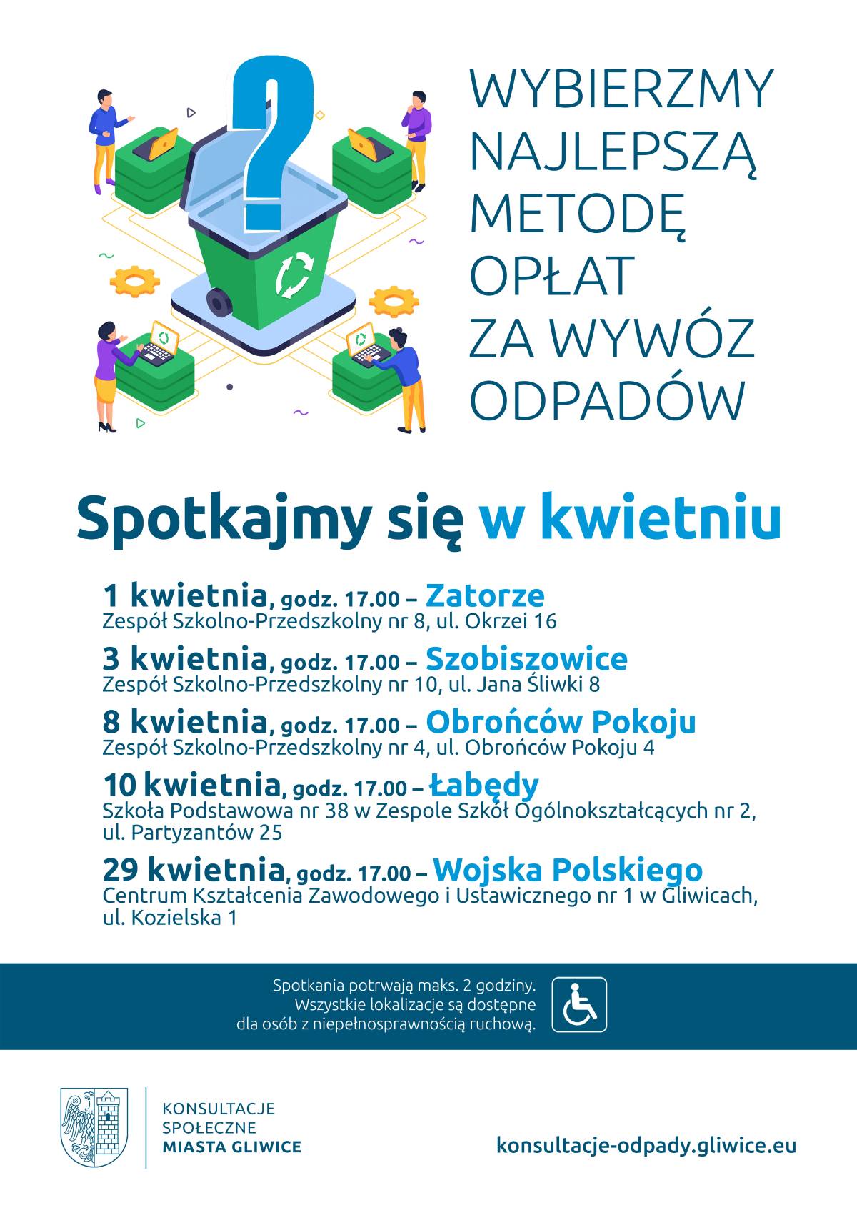 Plakat przedstawia harmonogram konsultacji społecznych dot. wyboru najlepszej metody opłat za wywóz odpadów w miesiącu kwietniu.