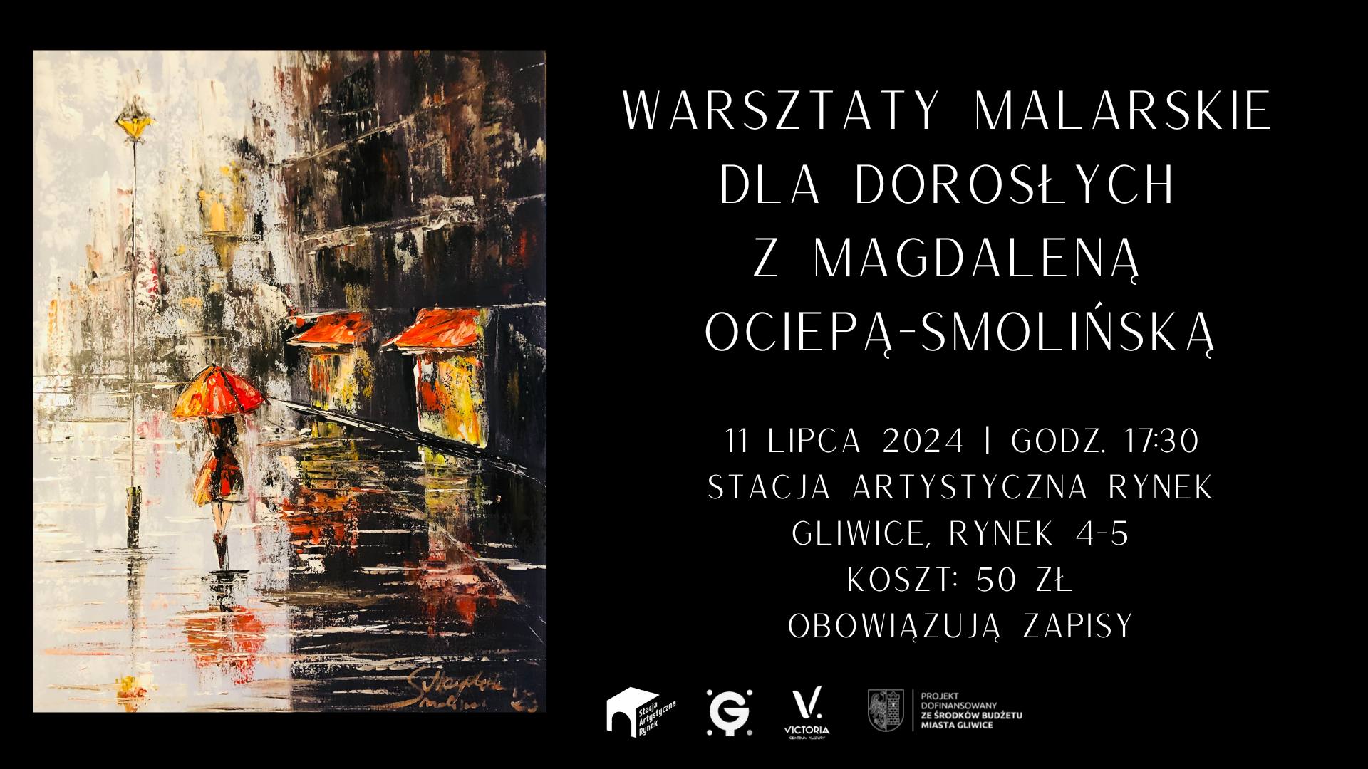 Grafika postaci z czerwonym parasolem z napisem: warsztaty malarskie dla dorosłych z Magdaleną Ociepą - Smolińską