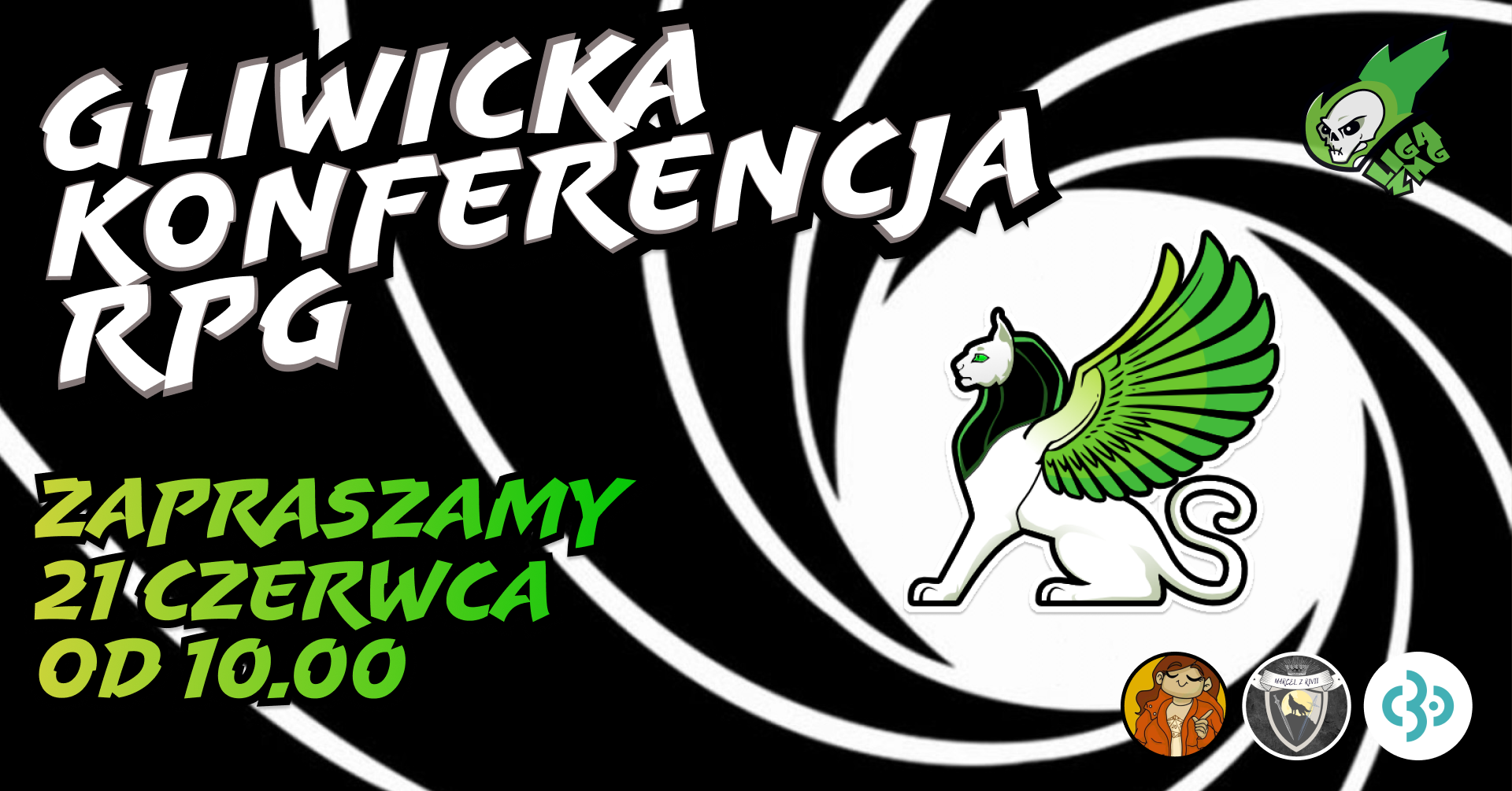 czarny plakat w białym kole lew ze skrzydłami i napis: Gliwicka konferencja RPG