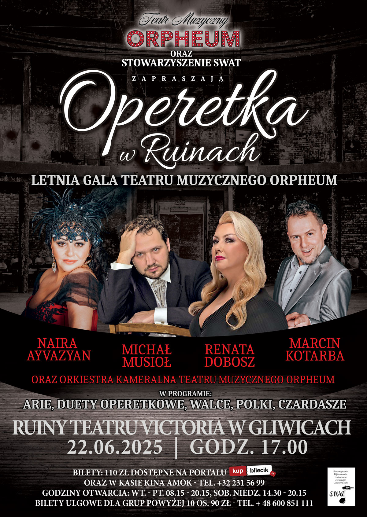 na plakacie elegancko ubrane cztery postacie z napisem operetka w ruinach