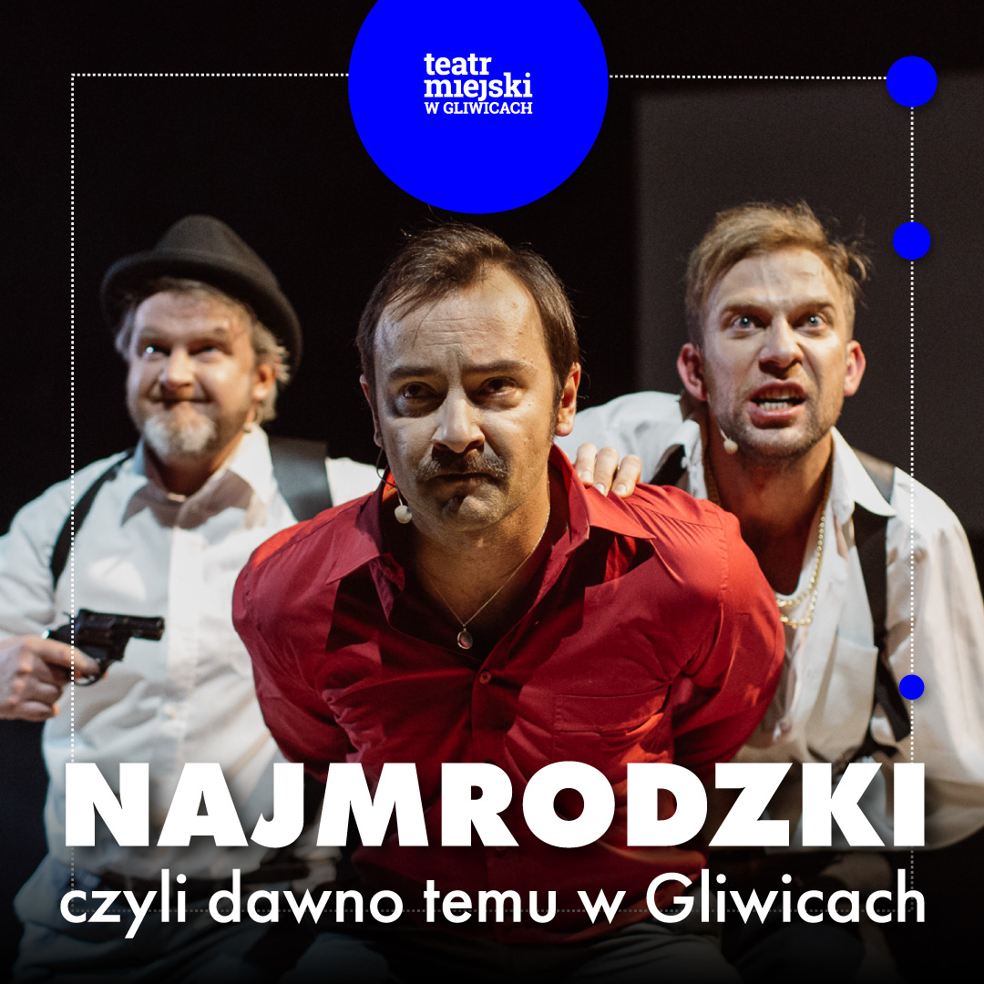 na plakacie dwóch mężczyzn w białych koszulach trzyma za ręce mężczyznę w czerwonej koszuli